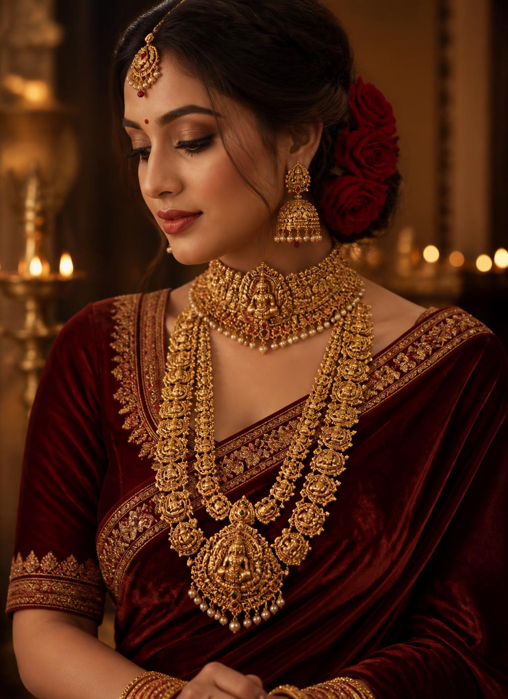 Bride wearing a layered 22k gold bridal set in candlelight
