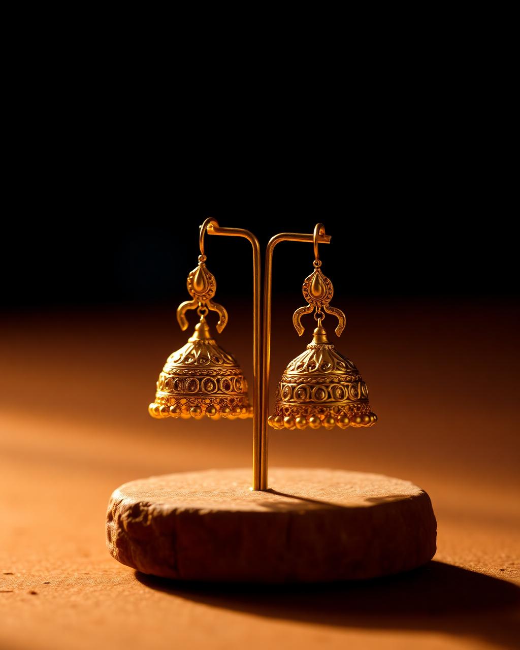 Pair of 22k gold chandbali jhumka earrings on warm stone