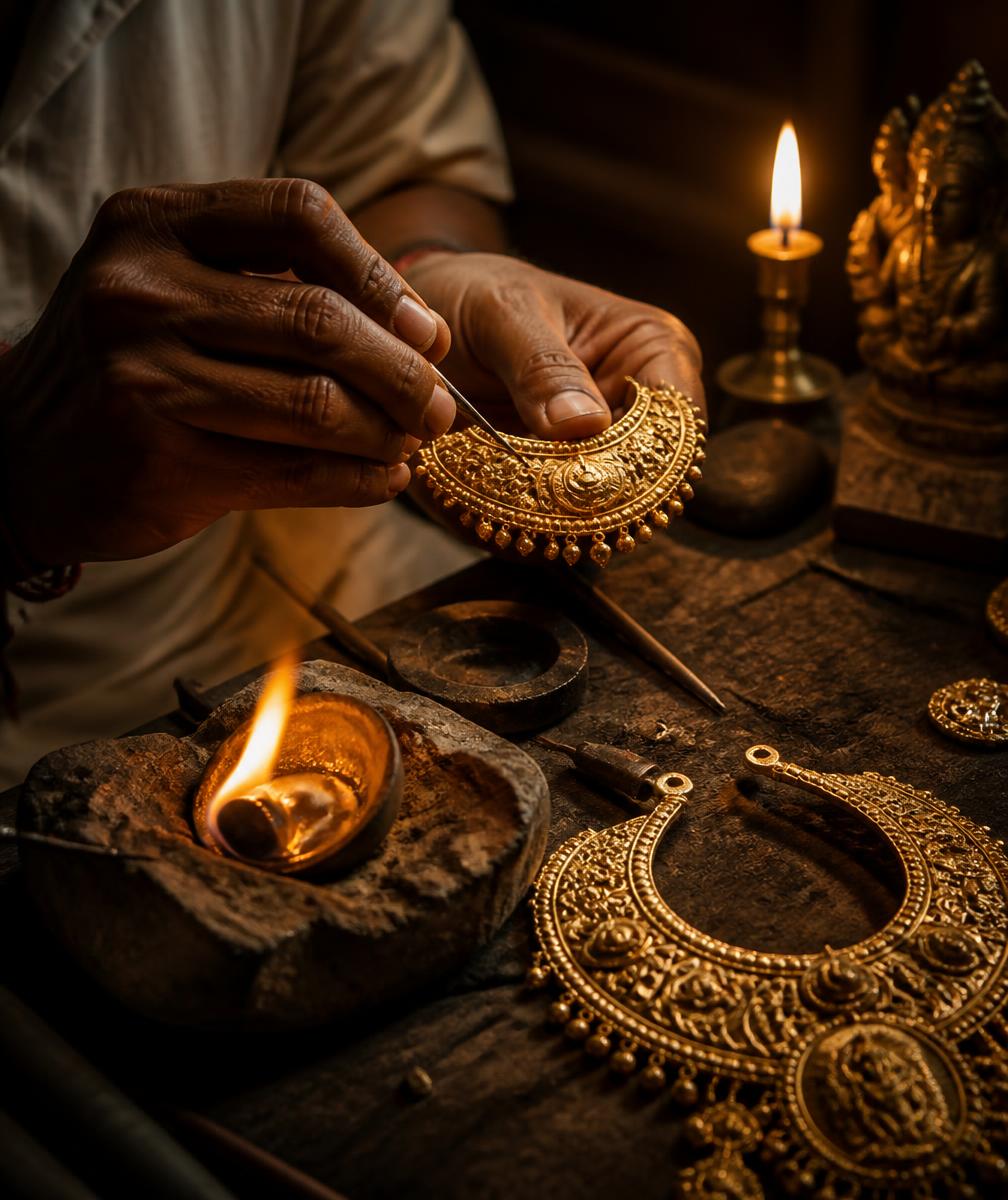 Goldsmith's hands casting 22k gold in a candlelit workshop