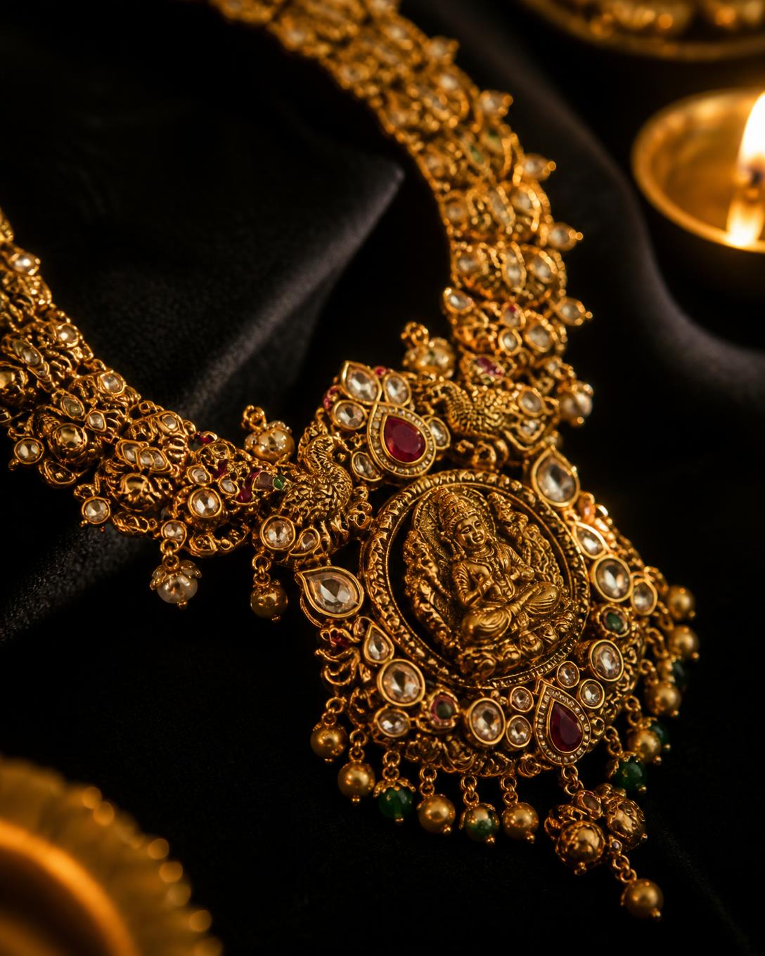 Close-up of a 22k gold temple necklace catching warm candlelight on velvet