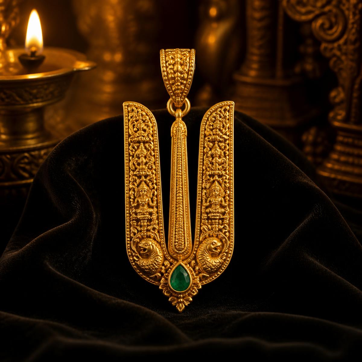 22k gold temple namam pendant with a single emerald on velvet