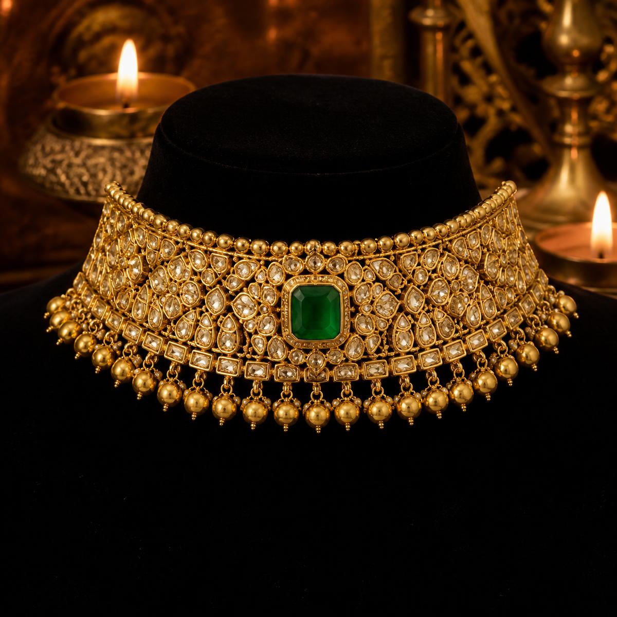 Statement 22k gold choker with a polished emerald centre stone on velvet