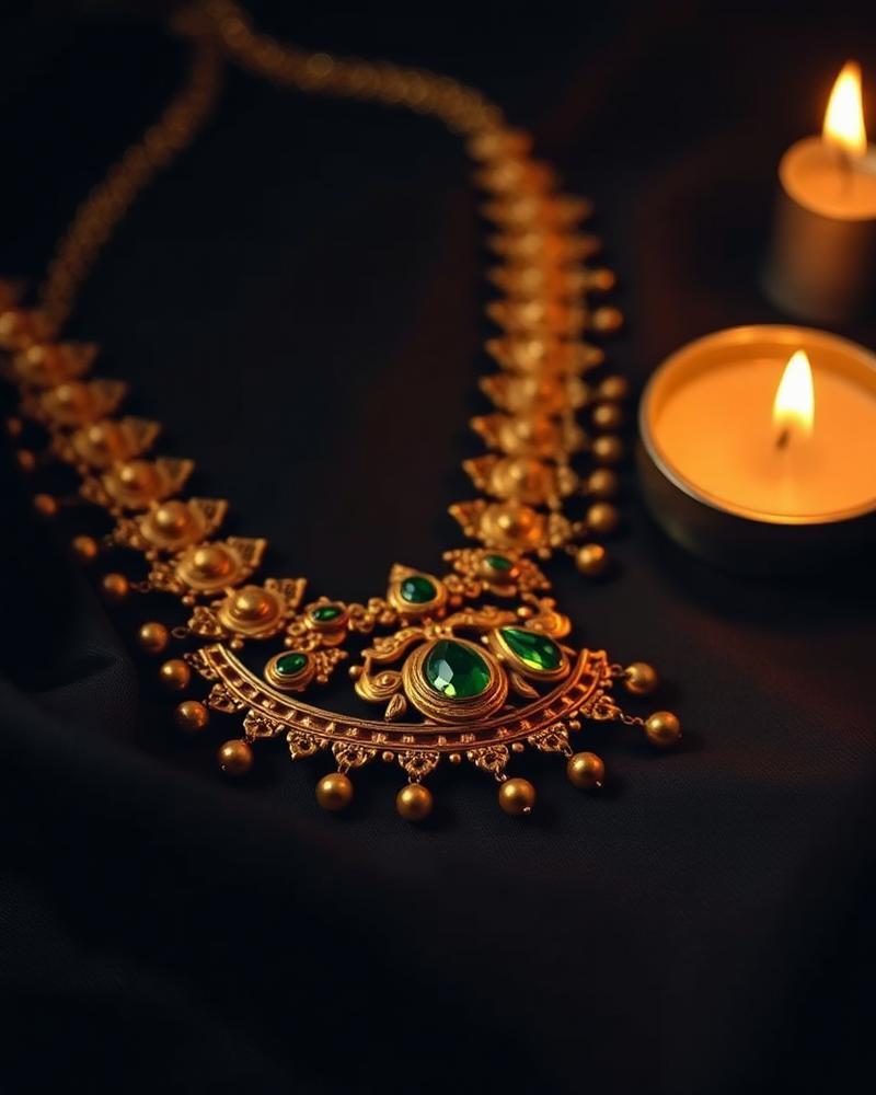 Traditional South-Asian temple gold jewellery on dark fabric